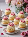 White chocolate cakes with pink marzipan peony flowers. Birthday, Mother\'s Day, celebration concept