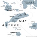 Kos or Cos, Greek island, part of Dodecanese Islands, gray political map