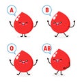 Happy Cute healthy blood drop character, Blood type group, set of cute blood types in different actions with red blood cells