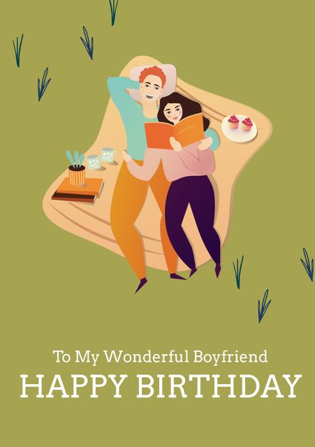 Depicts a happy birthday greeting card featuring an affectionate couple, with the message 'To My Wonderful Boyfriend, Happy Birthday'. The couple is lying down and reading on a picnic blanket set outdoors. This card is ideal for expressing love and special wishes on a boyfriend's birthday, and for those who appreciate romantic and personal gestures.