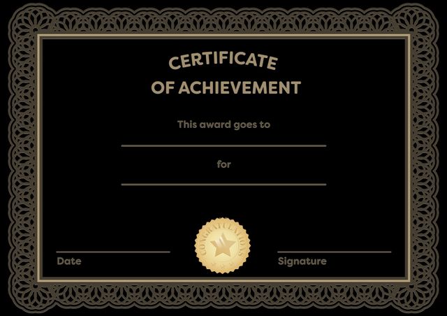 Elegant certificate of achievement template featuring a gold border design. Ideal for academic awards, employee recognition, sports achievements, and various milestones. The customizable fields allow for recipient's name, award reason, date, and signature. Suitable for both professional and educational purposes.