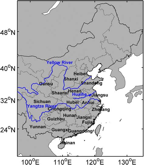 A Map Of East China With The Names Of Related Provinces And The Rivers