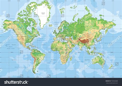 Physical World Map Mercator Projection Stock Vector Royalty Free