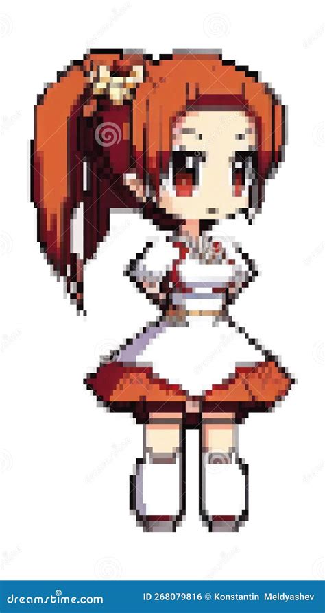 Anime Girl With Collected Red Hair And In A Funny Dress Pixel Art