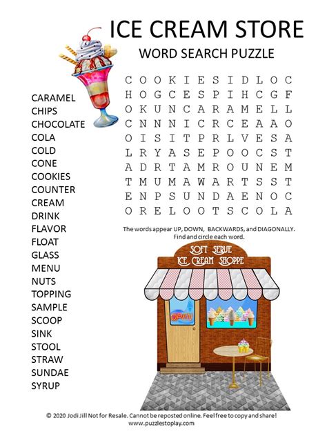 Ice Cream Store Word Search Puzzle Puzzles To Play