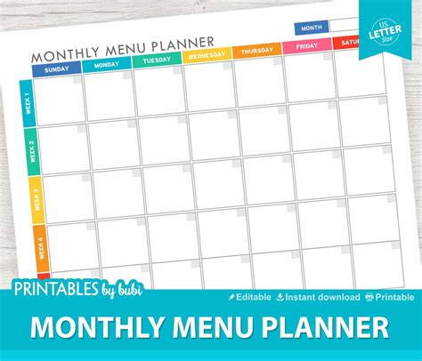 Monthly Meal Planner Printable Editable Instant Download Pdf Meal