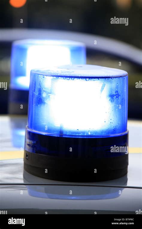 Detail Of Two Blue Siren Lights On Police Car Roof Stock Photo Alamy