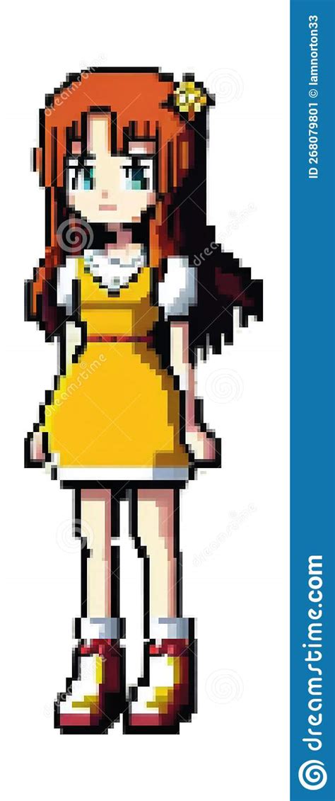 Anime Girl With Flowing Red Hair And A Yellow Dress Pixel Art Vector