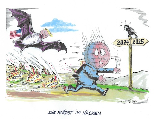 Cartoon: Die Angst im Nacken (medium) by mandzel tagged ukraine,klima,nahost,trump,sanktionen,zölle,armut,hunger,ukraine,klima,nahost,trump,sanktionen,zölle,armut,hunger