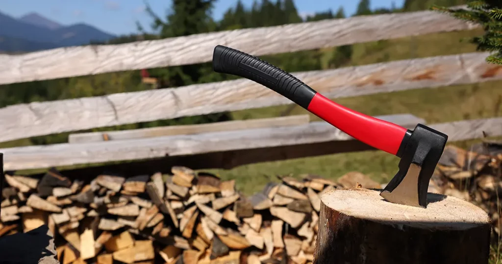 Tree stump with axe and cut firewood outdoors, space for text