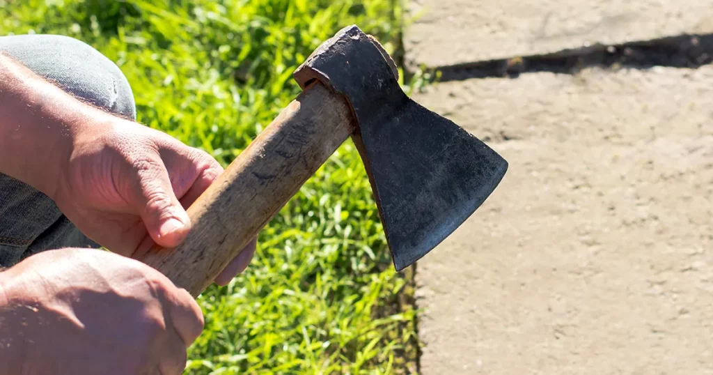 Axe with wooden handle in a man's hand in the forest