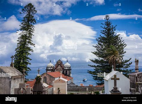 Portugal, Azores, Faial Island, Horta, elevated view from cemetery towards the Island of Pico ...