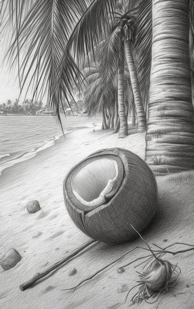 Premium AI Image | Pencil drawing of a coconut on the beach with a rope generative ai