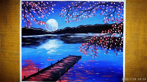 Moonlight Night Landscape Painting / Cherry Blossom Under Moonlight/ Acrylic Painting Technique ...