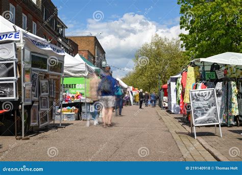 St Albans-UK - 19 May 2021 - People Shopping and Walking on Busy Retail High Street with Market ...