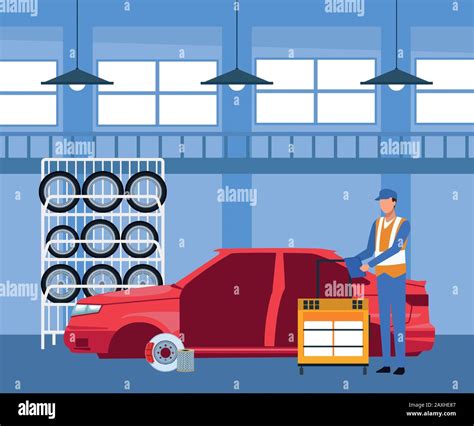 car repair shop scenery with car tires rack and mechanic working on car body Stock Vector Image ...