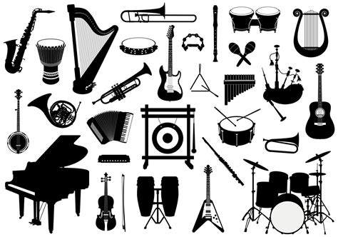 Set Of Musical Instruments Silhouettes, Drums, Percussion, keyboard And String Instruments ...