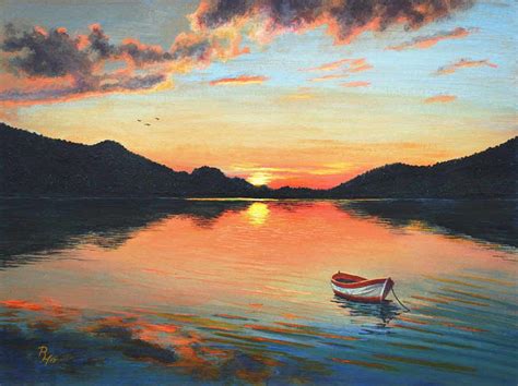 Sunset over a Mountain Lake – Acrylic Painting | Sunset landscape painting, Sunrise painting ...