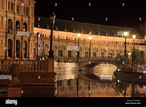 plaza de espana in seville at a summer night Stock Photo - Alamy