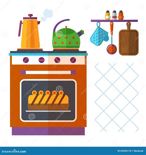 Home Kitchenware Vector Concept with Stove, Kettle, Coffee Pot and Cake Stock Vector ...