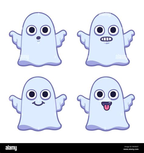 Funny cartoon ghost drawing set with different expressions. Cute Halloween vector illustration ...