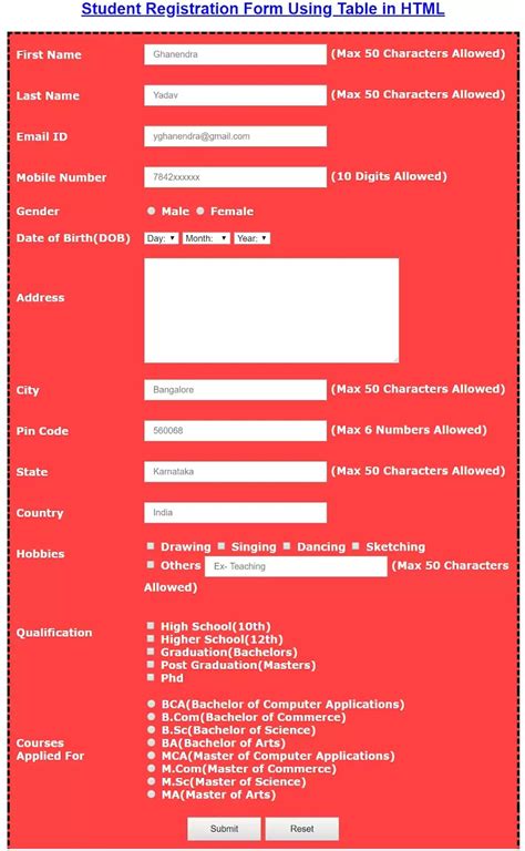 Student Registration Form Template Html Css Free Download - Printable Templates