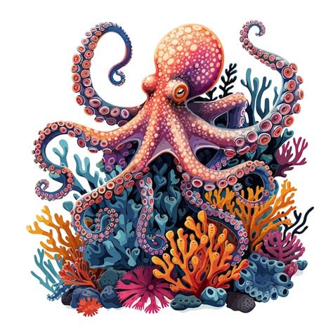 Premium Vector | Octopus on coral reef 1