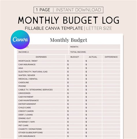 Editable Fillable Canva Template Monthly Budget Tracker Log Printable PDF, Expense Log Income ...