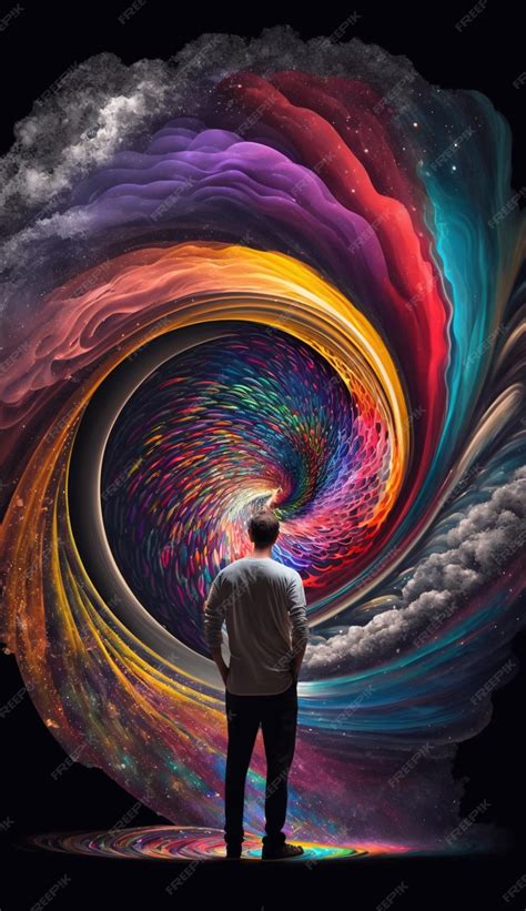 Premium AI Image | A man stands in front of a spiral with the words'the word mind'on it