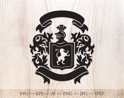 Family Crest SVG Template. Shield With Lion, Knight Helmet, Florals and Ribbon Banner SVG. Coat ...