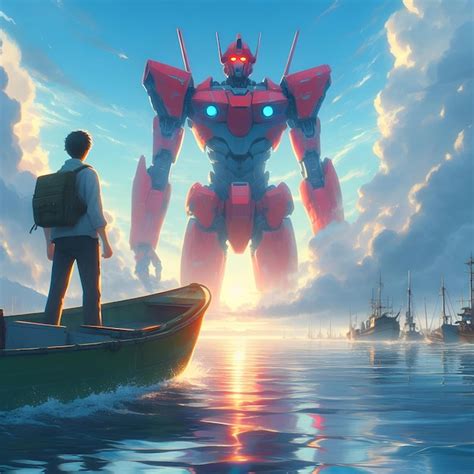 Premium Photo | Boy on boat in the middle of the ocean watches mega robot anime style