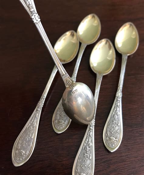 Antique Silver demitasse Spoons, Unique pattern, bird and butterflies Demitasse spoon, 750 ...