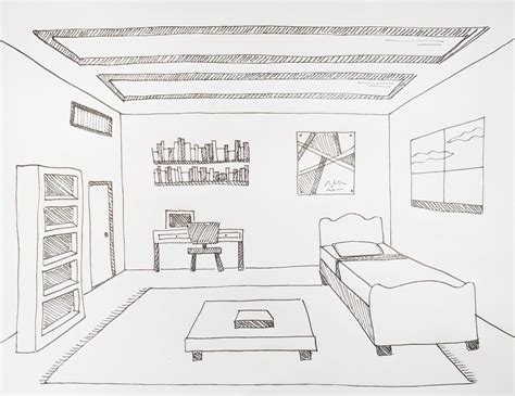 Bedroom One Point Perspective Drawing Room