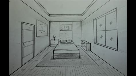 One Point Perspective Drawing Of A Bedroom