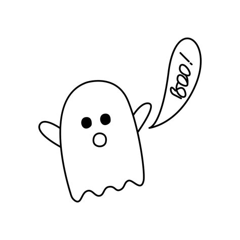 Halloween ghost cartoon character doodle. Cute ghost scares and says boo. Hand drawn outline ...