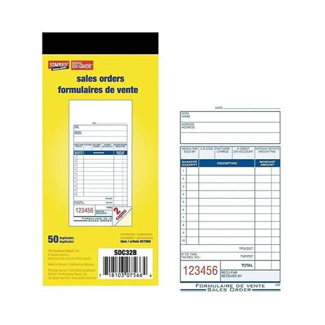 staples bilingual sales order form- sdc32b- duplicates- carbonless- staple bound- 3" x 7 ...