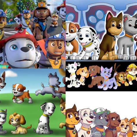 four different pictures of cartoon dogs in various stages of development, from puppies to cats