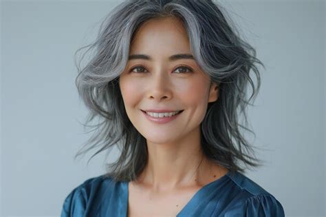 Graphic Depicting Portrait of smiling Asian woman with gray hair in blue top on white background ...