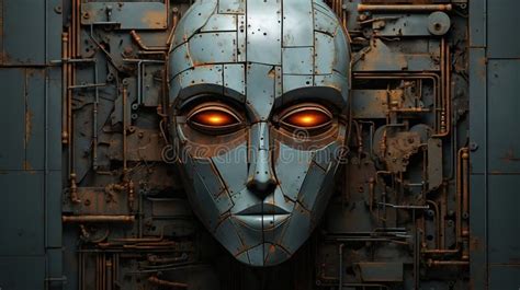 Generative AI, Abstract Robotic Face on Rusty Vintage Metal Background, Geometric Stock ...