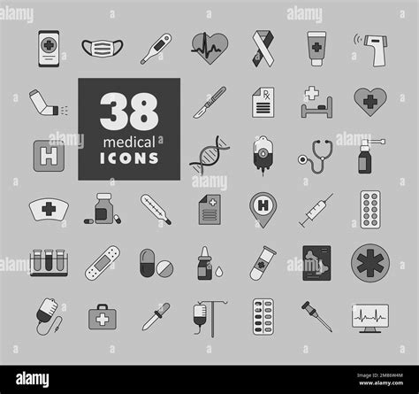 Medical vector grayscale icons set. Medicine and healthcare, medical support sign. Graph symbol ...