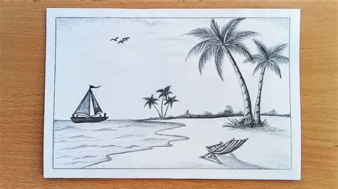 How To Draw A Scenery Of Sea Beach Draw Beach Scenery