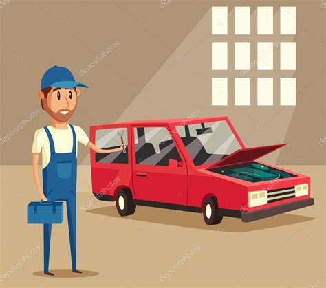 Car repair. Funny mechanic. Vector cartoon illustration — Stock Vector © dmitrymoi #123650864