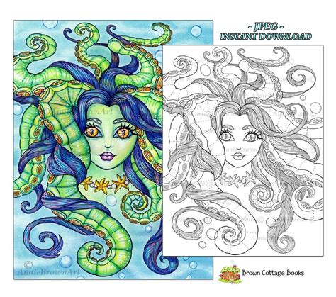 Mermaid coloring page, line art, instant download, printable, mermaids, Octopus Girl by Annie ...