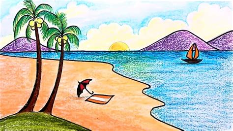 How To Draw A Scenery Of Sea Beach Draw Beach Scenery For Kids Very | Images and Photos finder