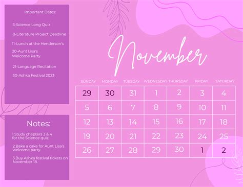 Free Pink November 2023 Calendar Template - Edit Online & Download | Template.net