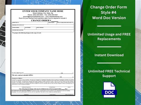 Change Order Form Template W/ Editable Terms & Conditions Style 4 WORD Customizable Unlimited ...