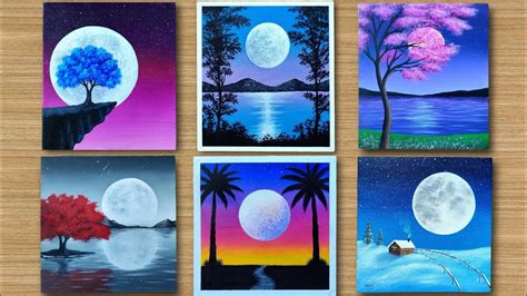 Full Moon | 6 Easy Moonlight scenery painting for Beginners | Acrylic Painting - YouTube