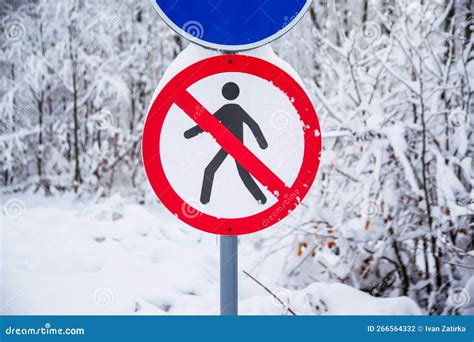 Road Sign Pedestrian Path, on a Snowy Road. Stock Photo - Image of pedestrian, sign: 266564332