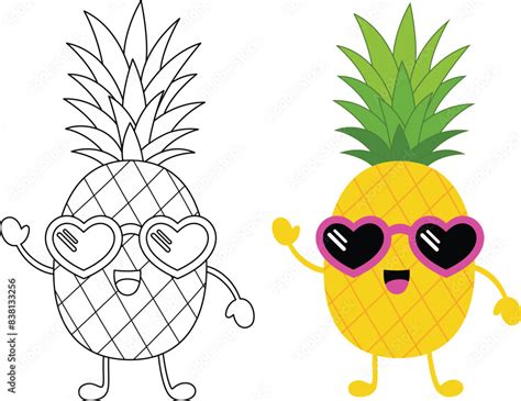 Cute kawaii funny pineapple cartoon character coloring page for kids. Tropical fruit outline ...