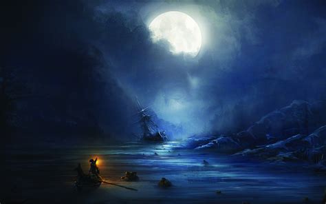 artwork, Concept art, Boat, Ship, Sailing ship, Sea, Moon, Moonlight, Shipwreck, Assassins Creed ...